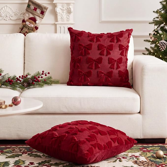 Mixweer Burgundy Bow Pillow Covers Set of 2 Preppy Room Decor Coquette Cute Spring Summer Decorative Faux Fur Soft Bowknot Stuff Fluffy Plush Aesthetic Pillowcase for Bed Sofa Couch (20 x 20 Inch)