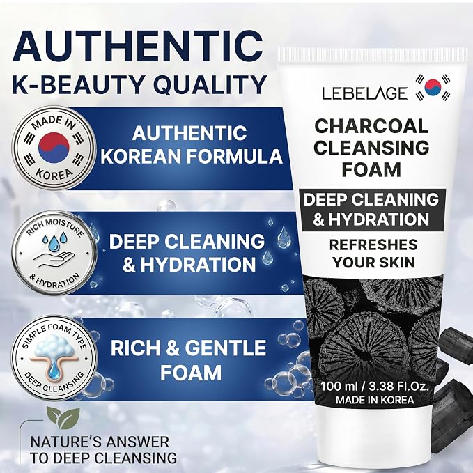 LEBELAGE Korean Charcoal Facial Cleanser 3.38 oz | Cleansing Foam Face Wash | Low pH Gentle Hydrating Daily Facial Cleanser Sensitive Skin | Deep Cleansing Foaming Cleanser, Pore Care-All Skin Types