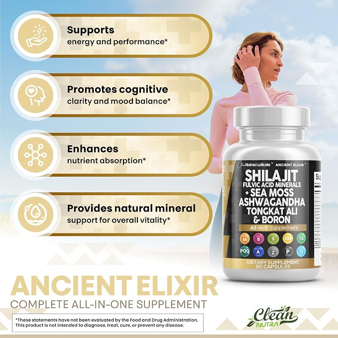 Clean Nutraceuticals Shilajit Supplement with Sea Moss, Ashwagandha, Tongkat Ali, Boron, Magnesium - Fulvic Acid Capsules for Men - 2Pack