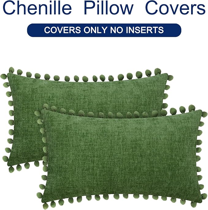 CaliTime Decorative Couch Throw Pillow Covers 20 X 12 Inches Forest Green | Pack of 2, Cozy Chenille Cushion Cases, with Pom Poms for Sofa Bed Living Room Farmhouse Home