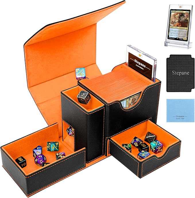 MTG Deck Box for Commander Display with Dice Tower, Fits 100 Double Sleeved Cards for TCG/PTCG, Cards Storage Case with Dice Tray and 35PT Magnetic Card Holder (Black＆Orange)