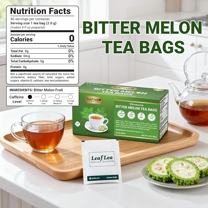 LeafLea Bitter Melon Tea Bags, Wellness & Digestion Support, 40 Count | Natural Cundeamor & Melon Amargo Gohyah Fruit Tea, Caffeine-Free, Sugar-Free, Non-GMO, Vegan, Single Box