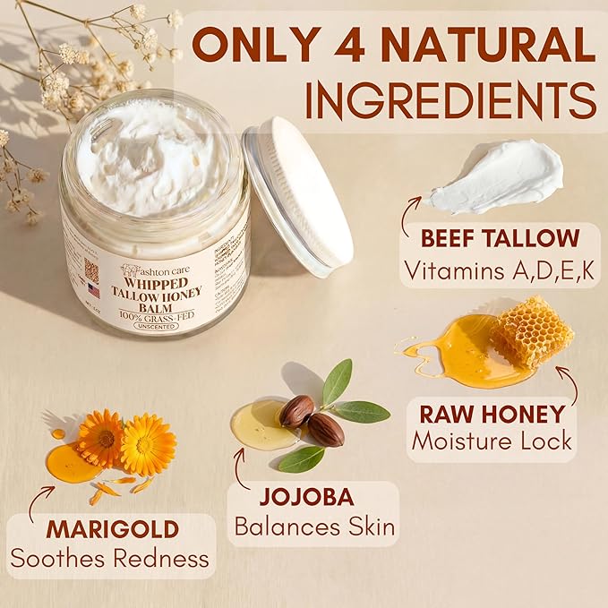 Whipped Tallow and Honey Balm - 4 OZ (Unscented) | 100% Grass Fed Beef Tallow with Jojoba & Infused Calendula | Natural Face Moisturizer for Dry & Sensitive Skin | Handmade in USA