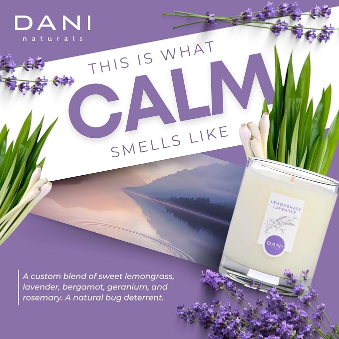 DANI Naturals Lemongrass Lavender 100% Soy Wax Candle, Non-Toxic, 7.5oz | Vegan,soy wax candle,Clean-burning with organic cotton wick,Calming lemongrass lavender scent,Made in USA