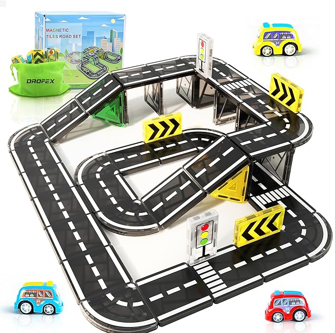 42pcs Magnetic Tiles Road, Magnetic Building Blocks City Construction Toys for 3+Year Old Boys Girls, Kids Montessori Toys for Toddler, STEM Learning Gifts
