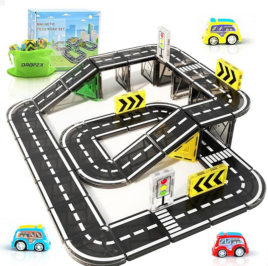 42pcs Magnetic Tiles Road, Magnetic Building Blocks City Construction Toys for 3+Year Old Boys Girls, Kids Montessori Toys for Toddler, STEM Learning Gifts