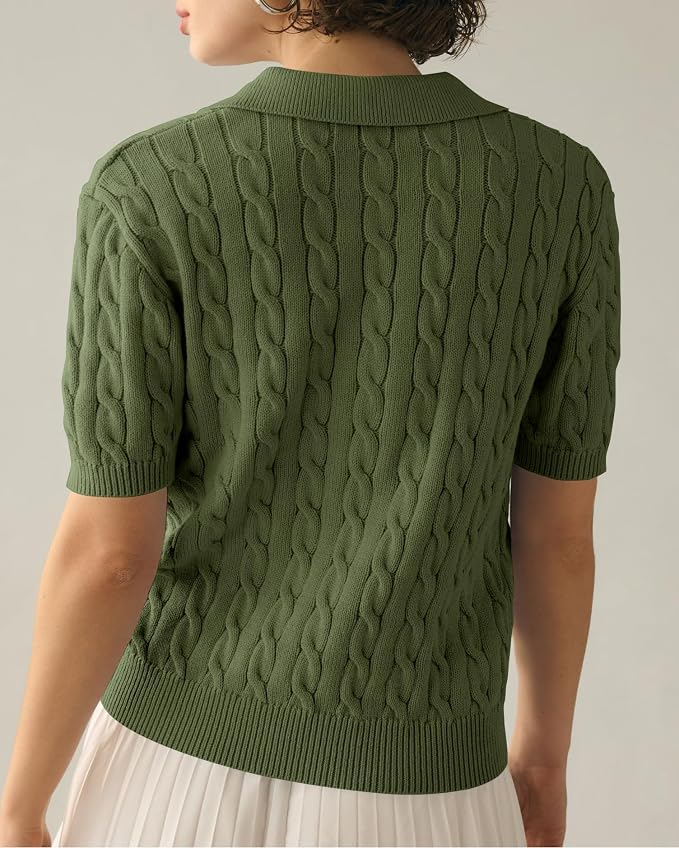 Imily Bela Womens Cable Short Sleeve Sweaters Tops Lapel V Neck Knit Shirt | Solid,Knit Casual,Soft Pullover,Fall Sweaters,Womens Summer Work Tops