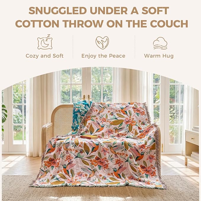 LUTBM Boho Throw Blanket for Bed 60"x80", 100% Cotton Soft Couch Blankets | Reversible Floral Bird Jacquard, All-Season Lightweight Breathable Twin Quilt, For Chair Sofa Bedroom Living Room, Home Decor