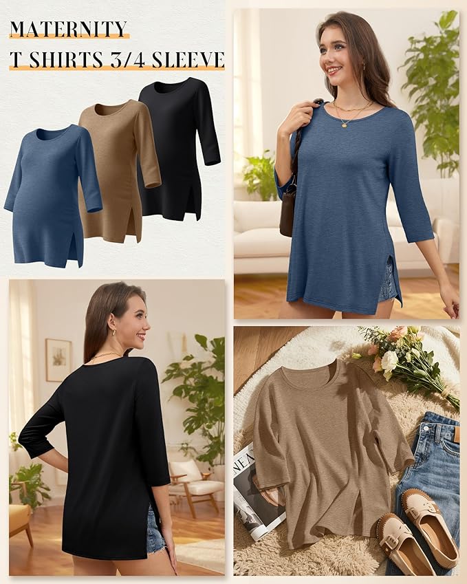 3 Pack Women's 3/4 Sleeve Maternity Shirts Elbow Length Clothes Round Neck Tunics Pregnancy Loose Side Split Tops