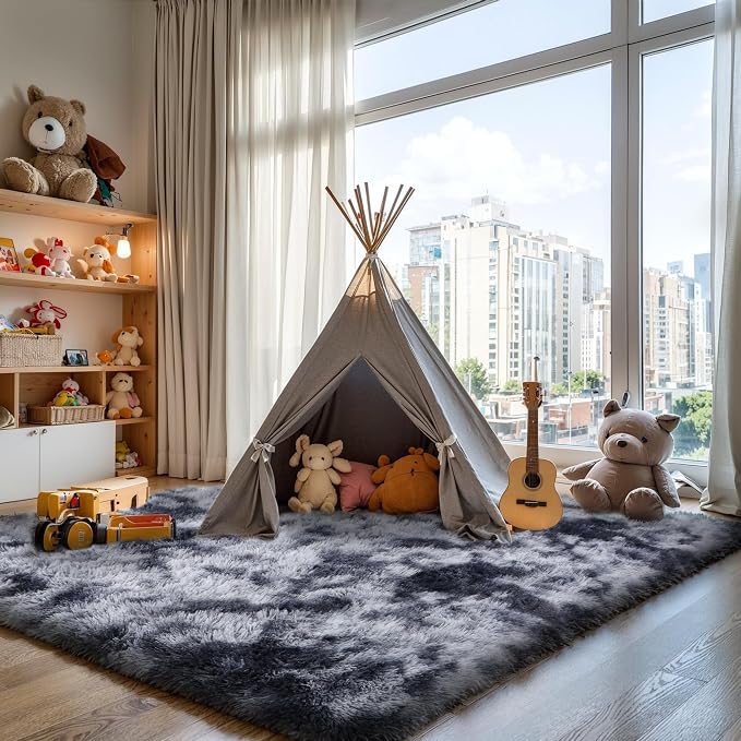 KICHOWUA 5x8 Thick Dark Grey Fluffy Shag Rug for Bedroom, Plush Washable | Area Rug for Living Room, Kids Nursery, Dorm Room, Non Slip Shaggy Floor Carpet