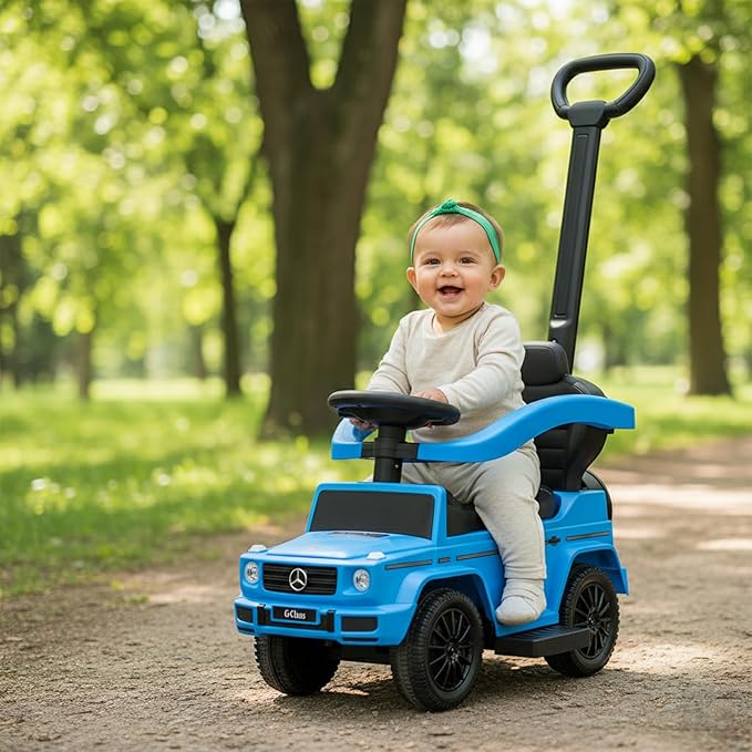 Best Ride On Cars Kids Outdoor Stroller Mercedes G-Wagon 3-in-1 Push Car with Detachable Handle, Safety Rails, and Working Horn, Blue