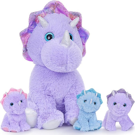 MaoGoLan Triceratops Stuffed Animal, 21" Purple Mommy Dinosaur Stuffed Animal with 3 Babies, Giant Dinosaur Plush Pillow Toy Set for Birthday Gift for Kids