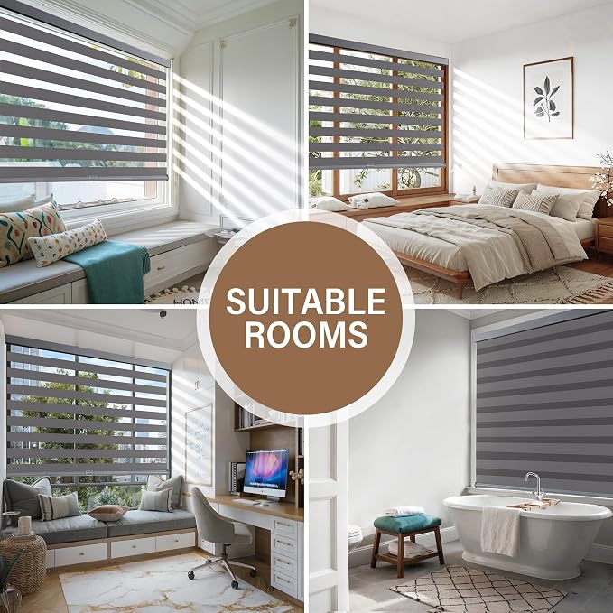 AOSKY Cordless Zebra Blinds for Windows Pull Down Roller Window Shades Dual Layer Light Filtering Privacy for Day and Night, Free-Stop Door Shades for Home Easy to Install (25" W X 72" H, Grey)