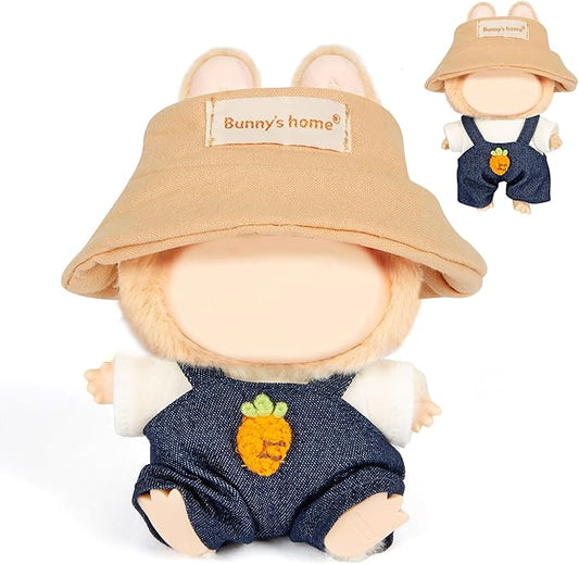 3-Piece Doll Clothes for Labubu & 17cm Dolls – Stylish Fisherman Hat Set, Kawaii Doll Outfits with Accessories for Collectors or Display - Navy Carrot (No Dolls)