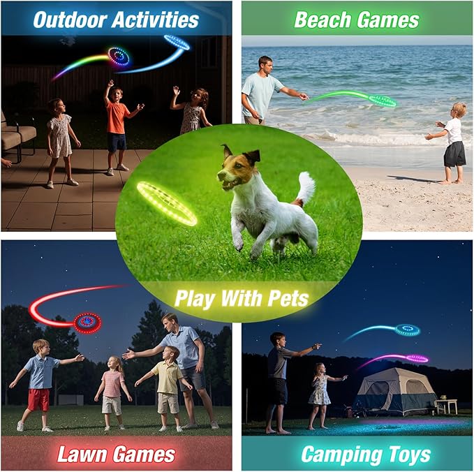 HYES 2 Pack Light up Flying Discs for Kids, 45 LEDs, 14 Lighting Modes, Rechargeable Glow in The Dark Flying Ring for Beach, Camping, Outdoor Game, Sport Toys for Teens Boys Adult