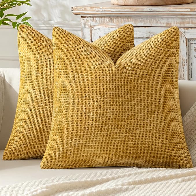 MIULEE Decorative Gold Euro Sham Throw Pillow Covers 24x24 Inch 2 Pack | Mustard Yellow, Modern Boho Accent, Soft Chenille Pillow Covers, Farmhouse Cushion Cases for Home Decor Bed Sofa Living Room