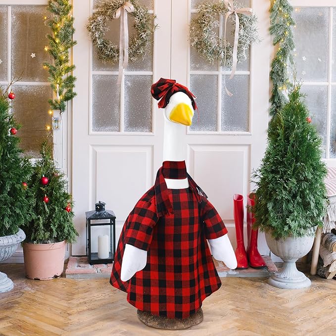 Winter Goose Outfit Burlap Plaid Porch Outfits Yard Clothes Christmas Silly Lawn Shirt for 23'' Cement Plastic Duck Decorations