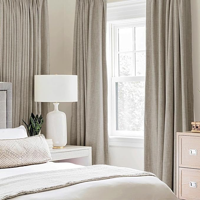 MIULEE 100% Blackout Linen Textured Curtains for Bedroom Solid Thermal Insulated Pebble Taupe Grommet Room Darkening Curtains & Drapes Luxury Decor for Living Room 52 x 72 Inch (2 Panels)