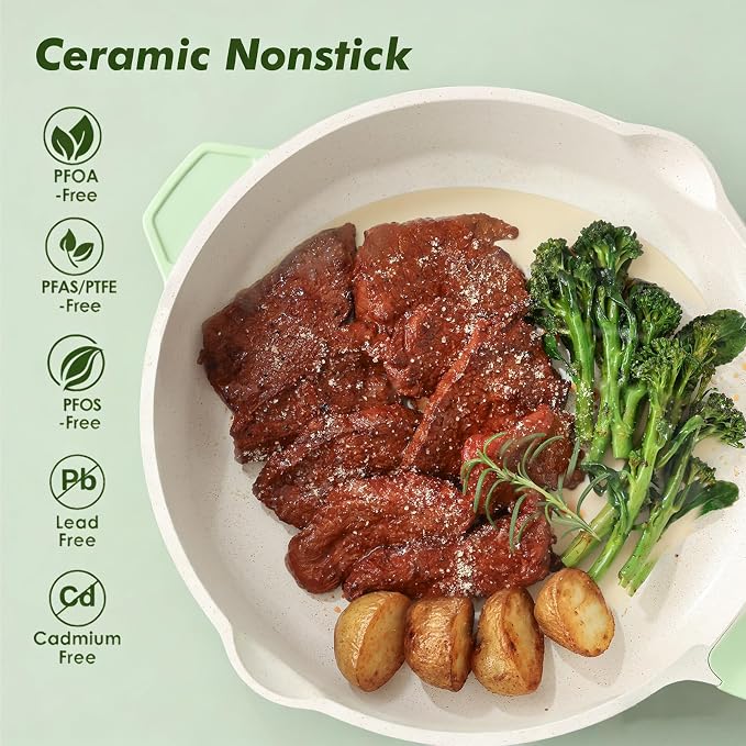 SENSARTE Nonstick Ceramic Skillet with Lid 12-inch/5QT, Non Toxic Deep Frying Pan, Saute Pan with Lid, Stay-cool Handle, Healthy Cooking Pot Dishwasher Safe, Induction Compatible, Green