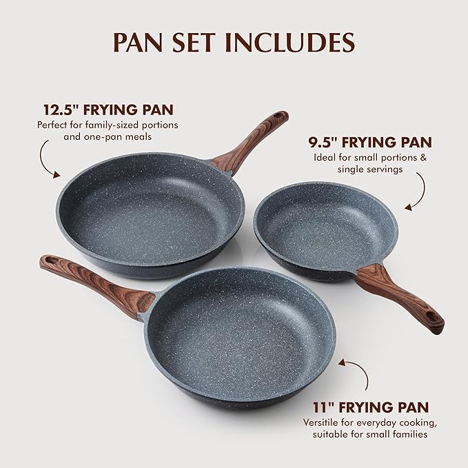 SENSARTE Nonstick Frying Pans, Grey(9.5+11+12.5 Inch) | Swiss Granite Coating, Free of PFOA&PFOS, Compatible with All Stoves Including Induction Cooktops, Easy to Clean