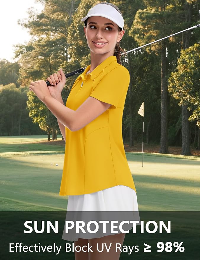 LOMON Womens Golf Polo Shirt Summer Short Sleeve Quarter Zip Outfit | Side-Pockets,Princess Seams,Cotton,Wrinkle Free,Moisture Wicking,Quick-Dry,Lightweight,Collared,for Tennis Workout
