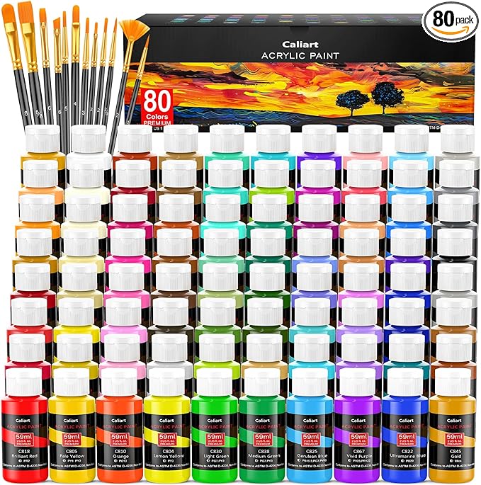 Caliart Acrylic Paint Set, 80 Colors (2oz/Bottle) with 12 Brushes, Art Craft Paints for Adults Artists Beginners Painters, Canvas Halloween Pumpkin Ceramic Wood Fabric Rock Painting Supplies Kit