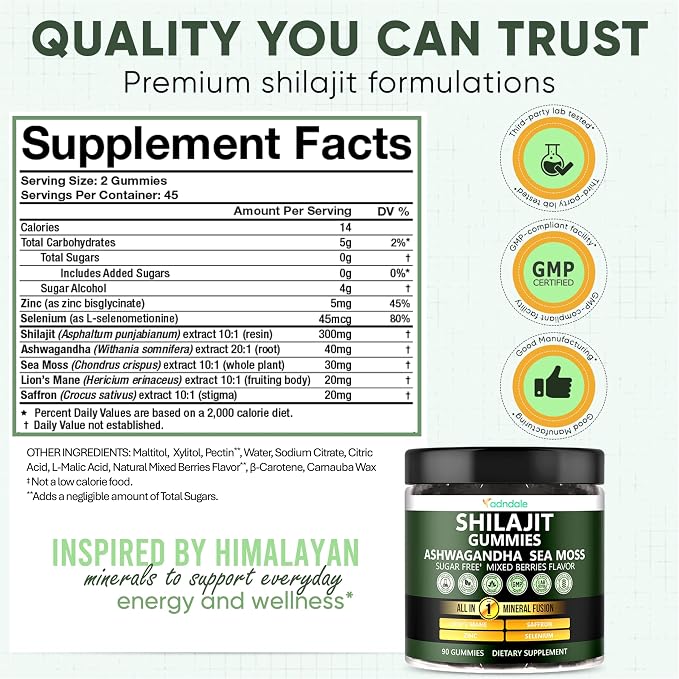Adndale Himalayan Natural Shilajit Gummies for Men & Women, Sugar-Free Mixed Berries Flavor - with Ashwagandha, Sea Moss, Lion’s Mane & Saffron + Zinc & Selenium - 90 Gummies (45 Servings)