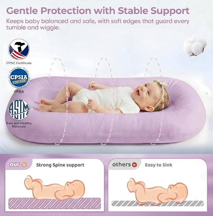 Infant Support Cushion - Baby Support Cushion for Newborn, 0-24 Months, Breathable Cotton Tummy Time Mat, Supervised Use, Portable Newborn Essentials for Home and Travel, Purple (Cover Included)
