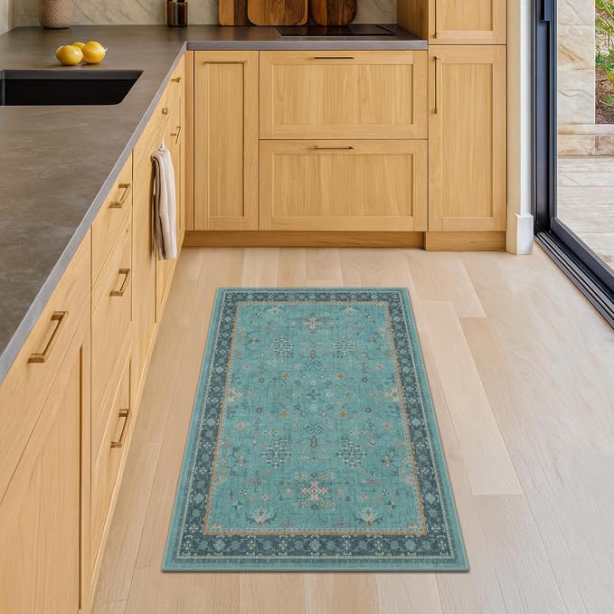 2x3 Washable Teal Rug for Entryway Indoor, Kitchen Floor Waterproof, Bathroom, Powder Room, Non Slip Low Pile Stain & Fade Resistant, Modern Turquoise Aqua Décor