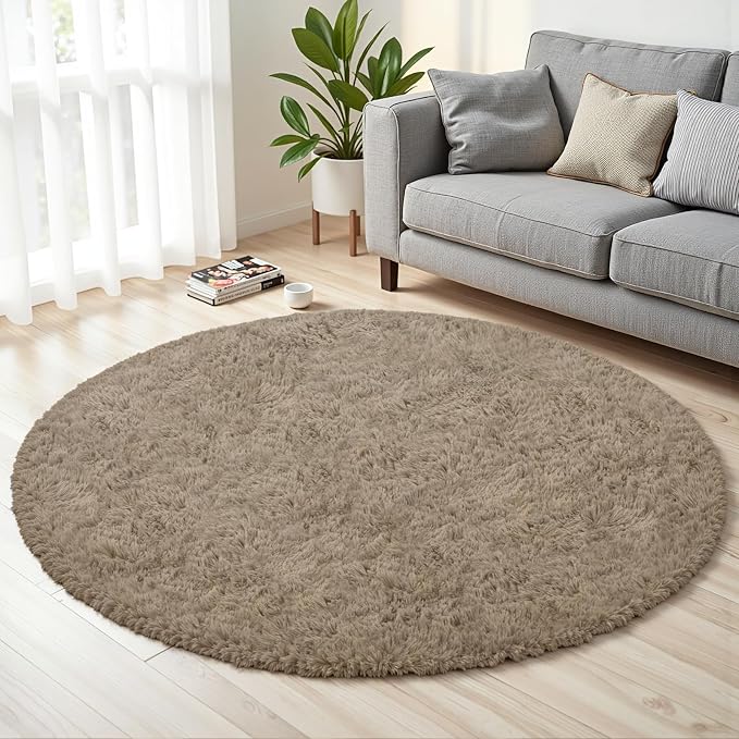 Gray Camel Round Fluffy Rug 5ft,Soft Bedroom Circle Rugs Mats for Kids Girls Nursery Room,Washable Plush Shaggy Indoor Non Slip Rug for Bedside Living Room Bedroom Circular Carpet,Home Decor Aesthetic