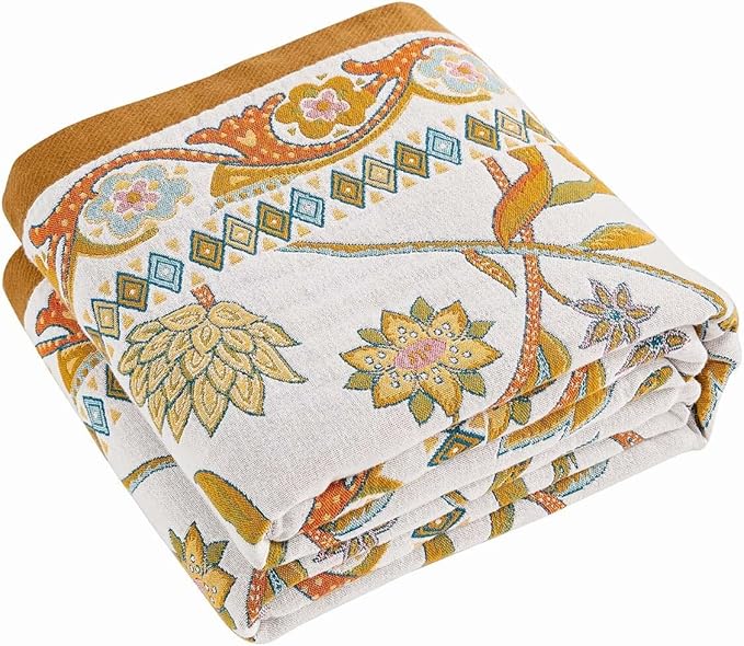 XIBLC Fall Throw Blanket for Couch, Brown Boho Decorative Throw Blanket, 100% Cotton Muslin Breathable Woven Farmhouse Blankets Quilt, 90"x98" Reversible Lightweight Blankets Bohemian Throw Quilt