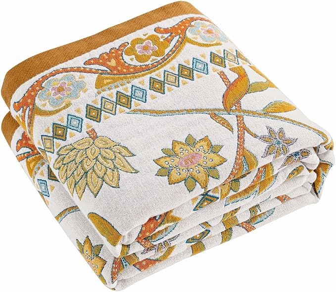 XIBLC Fall Throw Blanket for Couch, Brown Boho Decorative Throw Blanket, 100% Cotton Muslin Breathable Woven Farmhouse Blankets Quilt, 60"x80" Reversible Lightweight Blankets Bohemian Throw Quilt