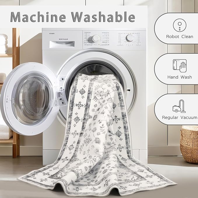 Srugn Washable Rugs 8x10 Area Rugs for Living Room,Rugs for Bedroom,Large Carpets,Ultra Soft Faux Wool Retro Dining Room Rug,Non Slip&Non-Shedding Low Pile Vintage Print Rug for Home Office-Grey
