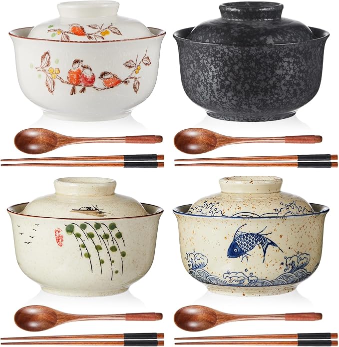 LemonRoad 4 Pack 25oz Japanese Dinnerware Set Ceramic Ramen Bowl with Lid Microwavable with Chopsticks and Spoon Korean Soup Bowl Clay Pot for Noodle Rice Porridge(Retro Mixed)