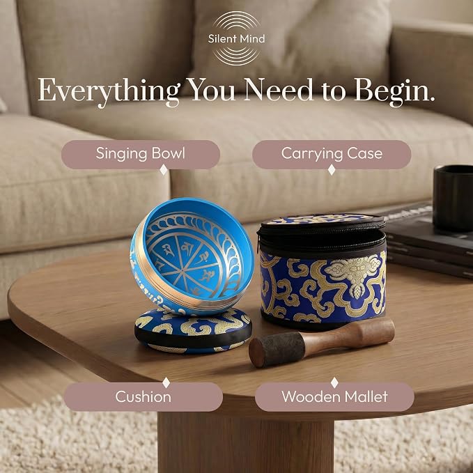 Silent Mind Tibetan Singing Bowl Set – Easy to Play & Beginner Friendly Meditation Bowl with Cushion, Mallet & Case | Stress Relief & Mindfulness | Gift-Ready