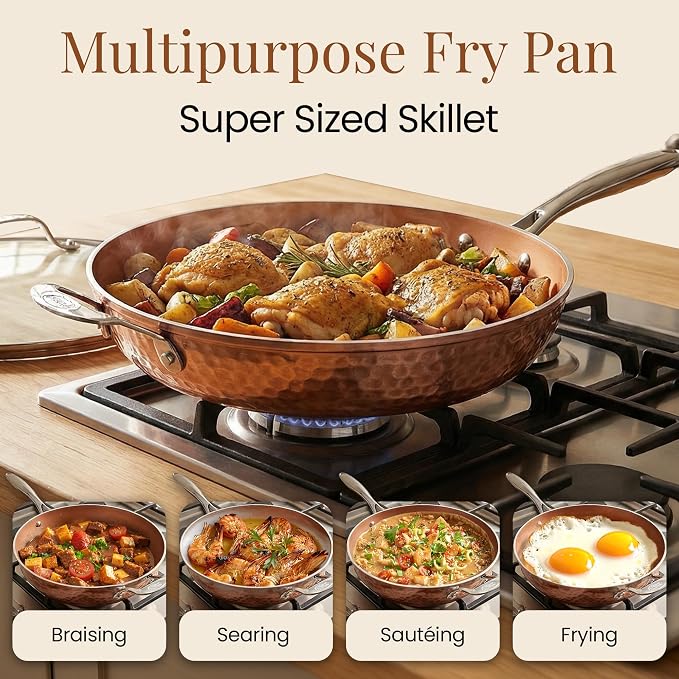 Gotham Steel Hammered Copper 14 Inch Non Stick Frying Pan with Lid, Nonstick Frying Pan with Ceramic Coating and Induction Plate for Even Heating, Oven / Dishwasher Safe, 100% Healthy & Non Toxic | Extra Large Skillet, Induction Compatible, PFOA/PFOS/P...