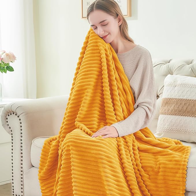 BEDELITE Ribbed Mustard Yellow Fleece Throw Blanket for Couch, 50x60 Inch | Soft Warm Decorative Fluffy Blanket, Cozy Plush Lightweight Fuzzy Throw Blanket for Bed Sofa Home Room Decor, Gift for Women
