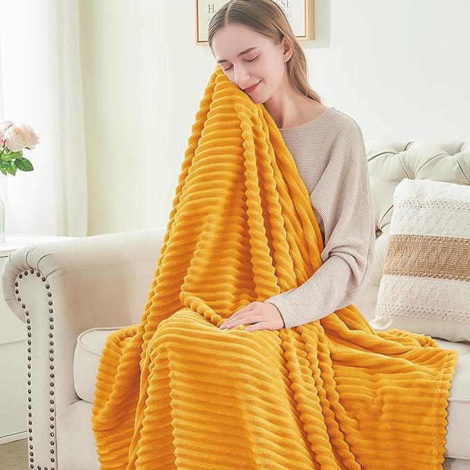 BEDELITE 3D Ribbed Mustard Yellow King Size Blankets for Bed, 108x90 Inch | Soft Warm Decorative Fluffy Blanket, Cozy Fuzzy Lightweight Plush Fleece Throw Blankets for Bed, Room Decor, Gift for Women