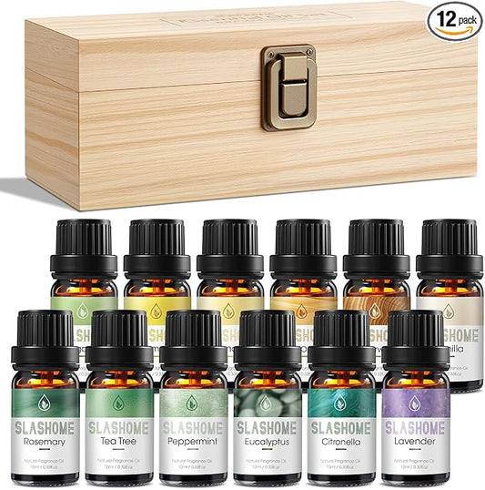 12 Pack Essential Oils for Diffusers for Home - Water Soluble Diffuser Oils Set for Humidifiers & Spa, Scented Oil with Wooden Gift Box for Women - Lavender, Peppermint, Sweet Orange, Tea Tree & More