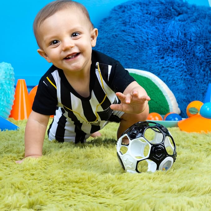 Bright Starts Oball Grippin' Goals Rattle Soccer Ball - Black & White, Easy-Grasp Toy for Newborn and Up (Pack of 2)