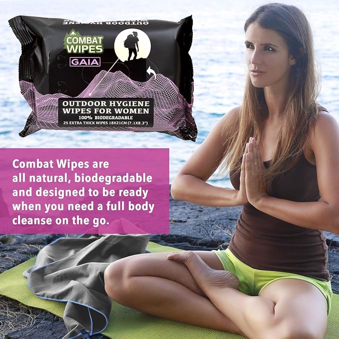 Combat Wipes Gaia - Feminine Hygiene Outdoor Wet Wipes - Extra Thick, Ultralight, Biodegradable, pH Balanced Cloths for Women (100 Count Pack of 4)