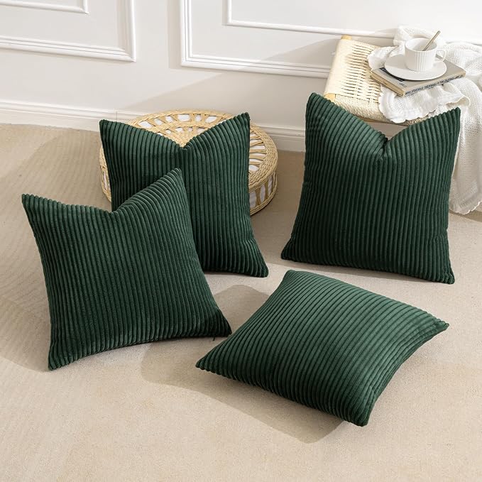 MIULEE Soft Corduroy Decorative Throw Pillow Covers Army Green 18x18 | Set of 4, Mordern Nordic Christmas Decor, All Same Color Set, Boho Farmhouse Cushion Covers for Couch Bed Sofa Living Room