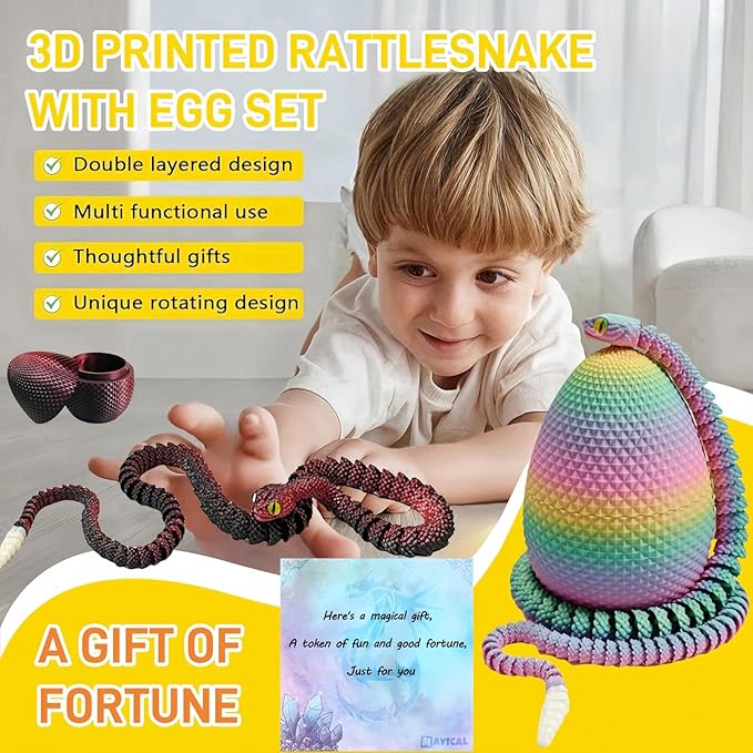 23" 3D Printed Snake with Egg - Flexible Snake with Luminous Tail, 3D Fake Snake Fidget Toys for Autism/ADHD, 3D Printed Animals Snake Toy for Kids & Adults (BlackRed)