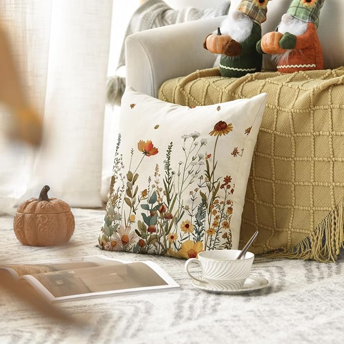 AVOIN colorlife Fall Flowers Throw Pillow Cover 18x18 Inch | Seasonal Autumn Thanksgiving Harvest Decoration for Sofa Couch Farmhouse Living Room Decor