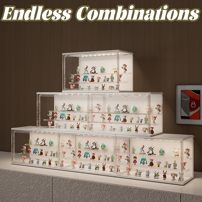 Clear Display Case for Collectibles, 3-Tier Adjustable Figure Display Case with LED Light, Stackable Acrylic Showcase with Magnetic Door for Model Figures, Jewelry & Collectibles (2PCS,White)