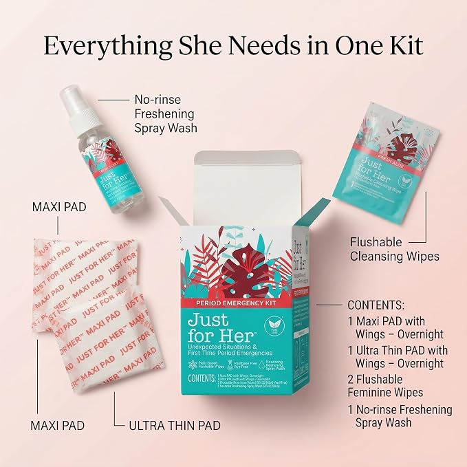 Emergency Period Kit – Ultra Thin Maxi Pads with Wings, Wipes Flushable, Feminine Spray Wash – Teen Girls Essentials Overnight (24 Pack)