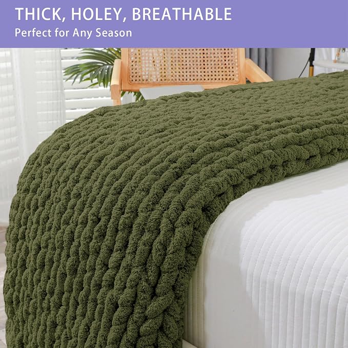 Bigacogo Chunky Knit Throw Blanket for Couch, 40x40 inches, Yellow Green | Hand Knit with Jumbo Chenille, Soft Breathable Cable Knit for Sofa Bed Living Room, Machine Washable, Gift for Mom Friend