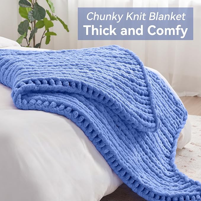 Negwoo Chunky Knit Throw Blanket, Knitted Throw Chenille Yarn, 30"*40" | Soft Thick Cable Knitted Blankets, Handmade Big Thick Blanket, Machine Washable Cute Comfy Blanket for Home Decor, Light blue