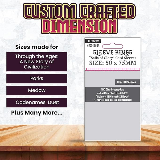 Sleeve Kings Sails of Glory Compatible Card Sleeves – 50x75mm, 110 Pack, 60 Micron Clear Polypropylene, Compatible with Through the Ages: A New Story of Civilization, Parks, Meadow & More – SKS-8804