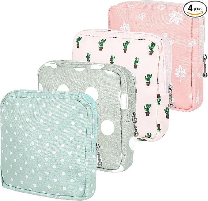 ElevateTech Sanitary Napkin Storage Bags, 4 Pcs Pad Bag for Period Tampon Bags Portable Menstrual Pad Pouch Feminine Pouch First Period Bag Gifts for Women